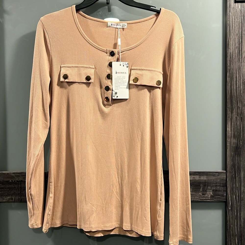 Womens Long Sleeve Henley TShirt Slim Fit scoop neck ribbed knit shirt Size XL